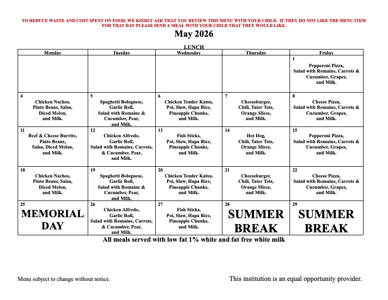 May 2026 Breakfast Menu