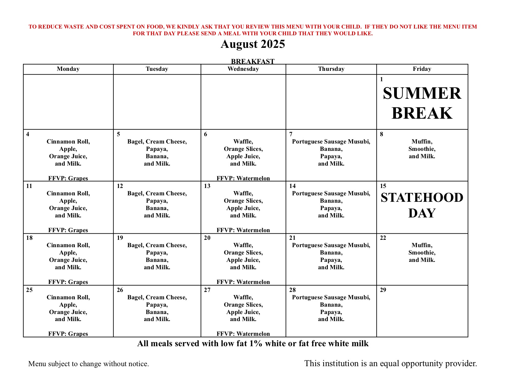 25 August Breakfast Menu
