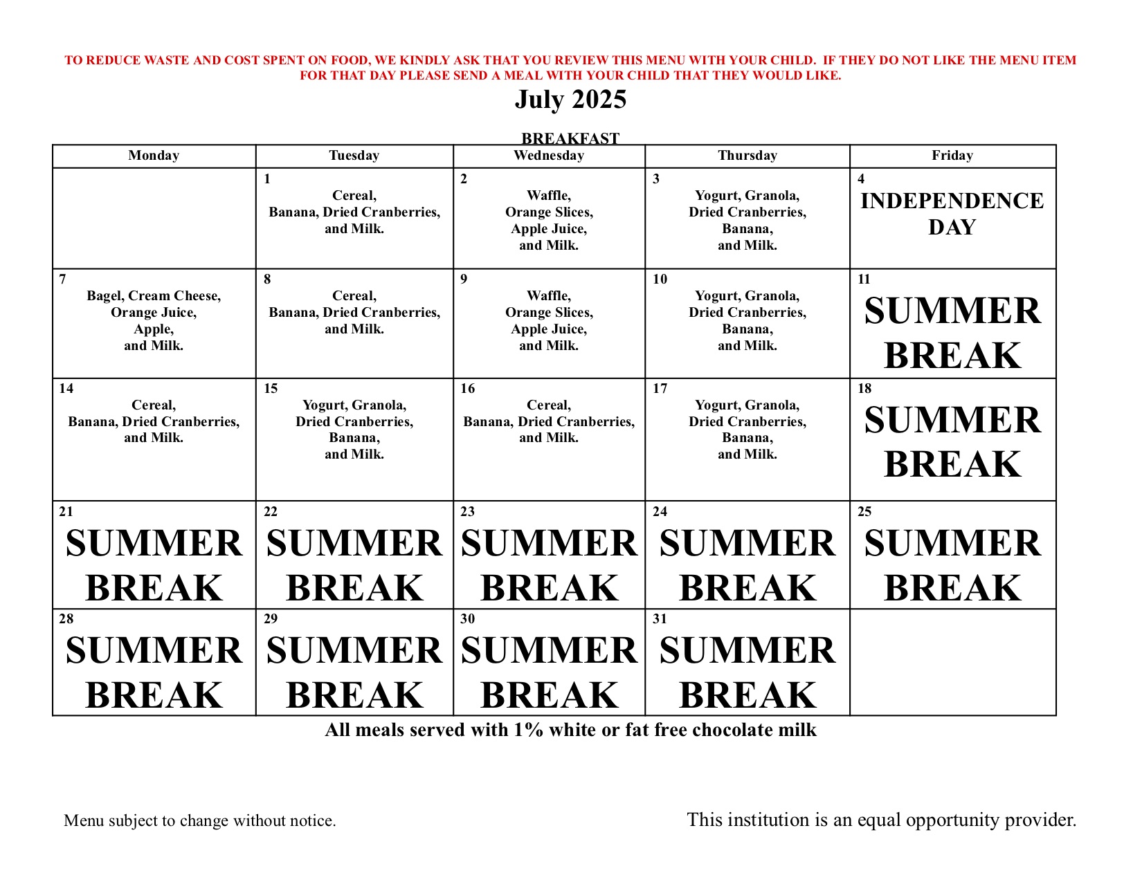25 July Breakfast Menu