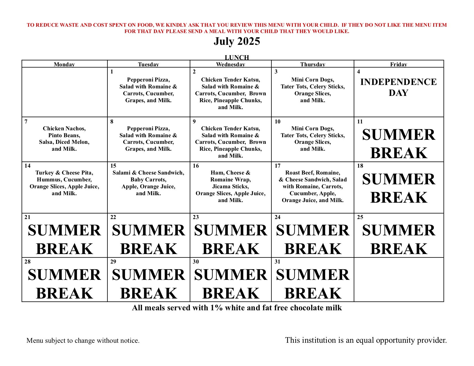 25 July Lunch Menu