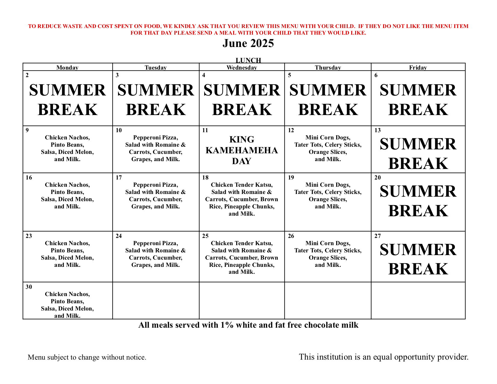 25 June Lunch Menu