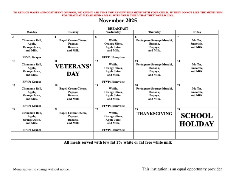 25 November Breakfast Menu
